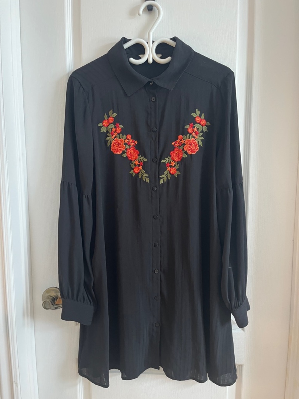 Jack by BB Dakota Black Button-Up Blouse with Red Floral Embroidery